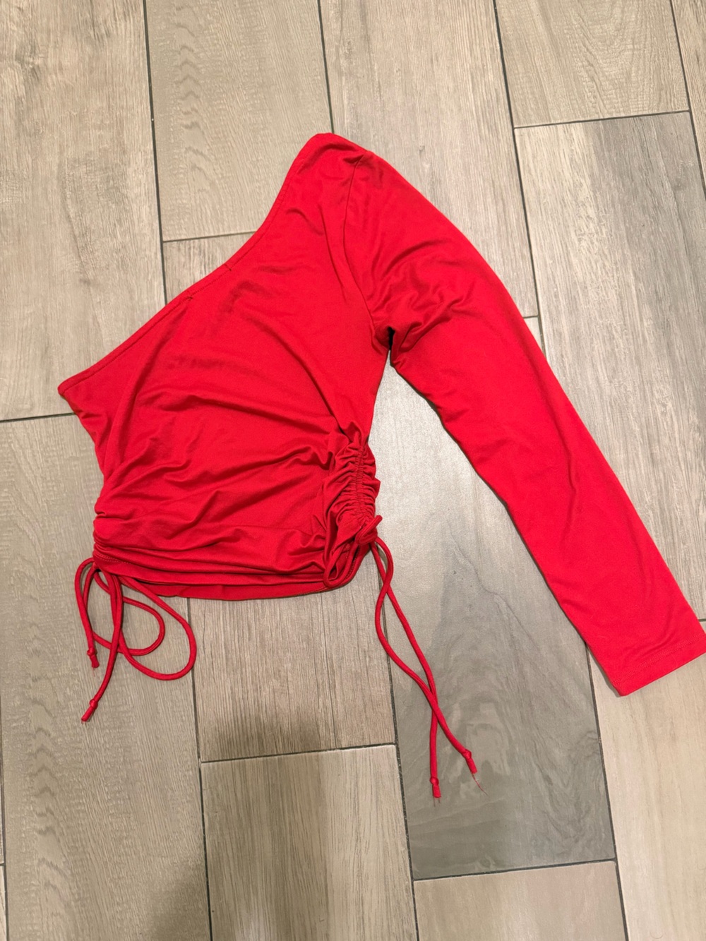 Ambiance Red One-Shoulder Ruched Drawstring Crop Top - Picture 4 of 6